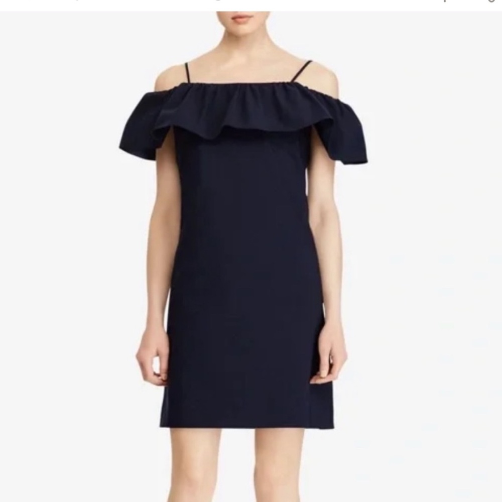 Ralph Lauren Navy Blue Off Shoulder Crepe Ruffle Sheath Dress
